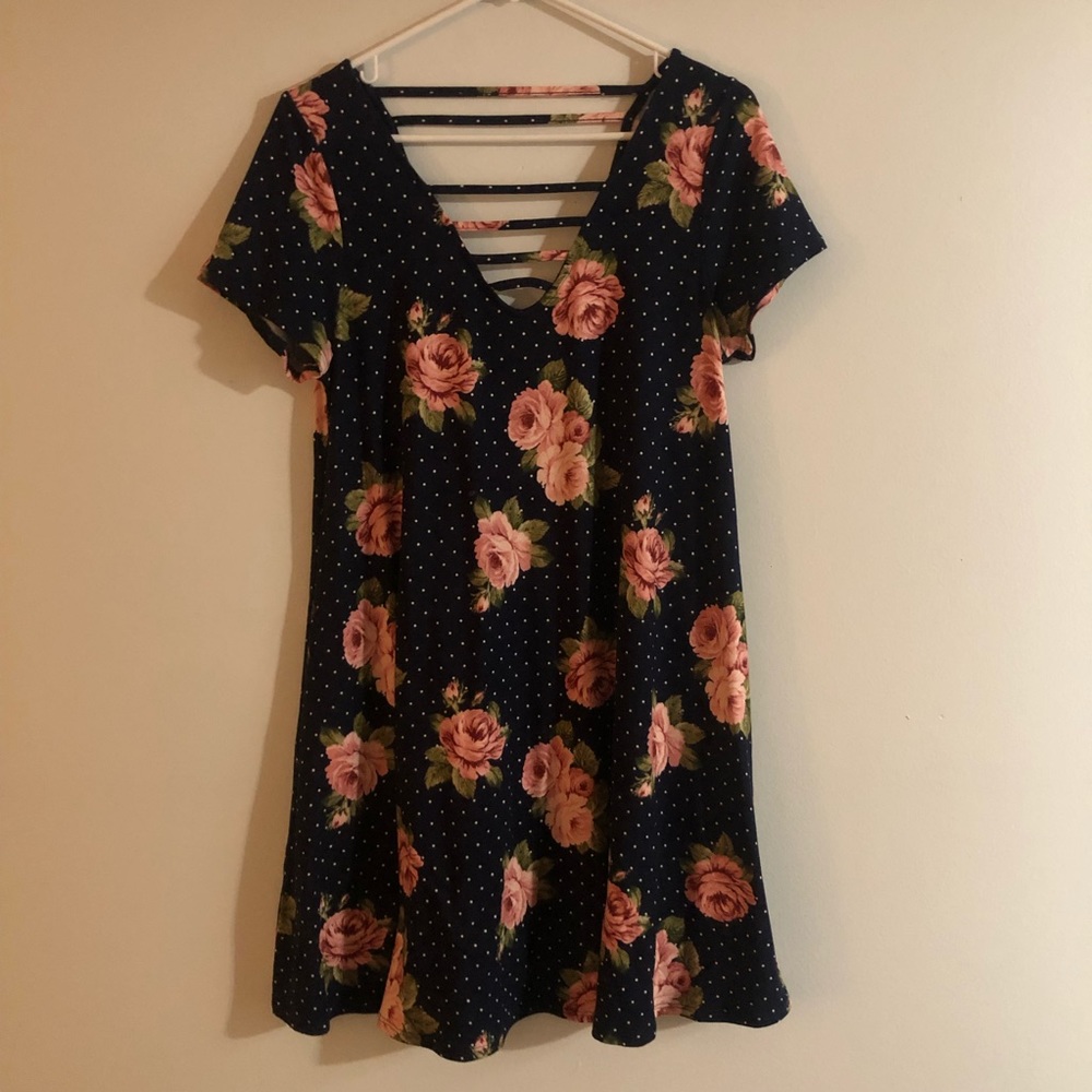 Alya Navy Polka-Dot Floral A-Line Dress